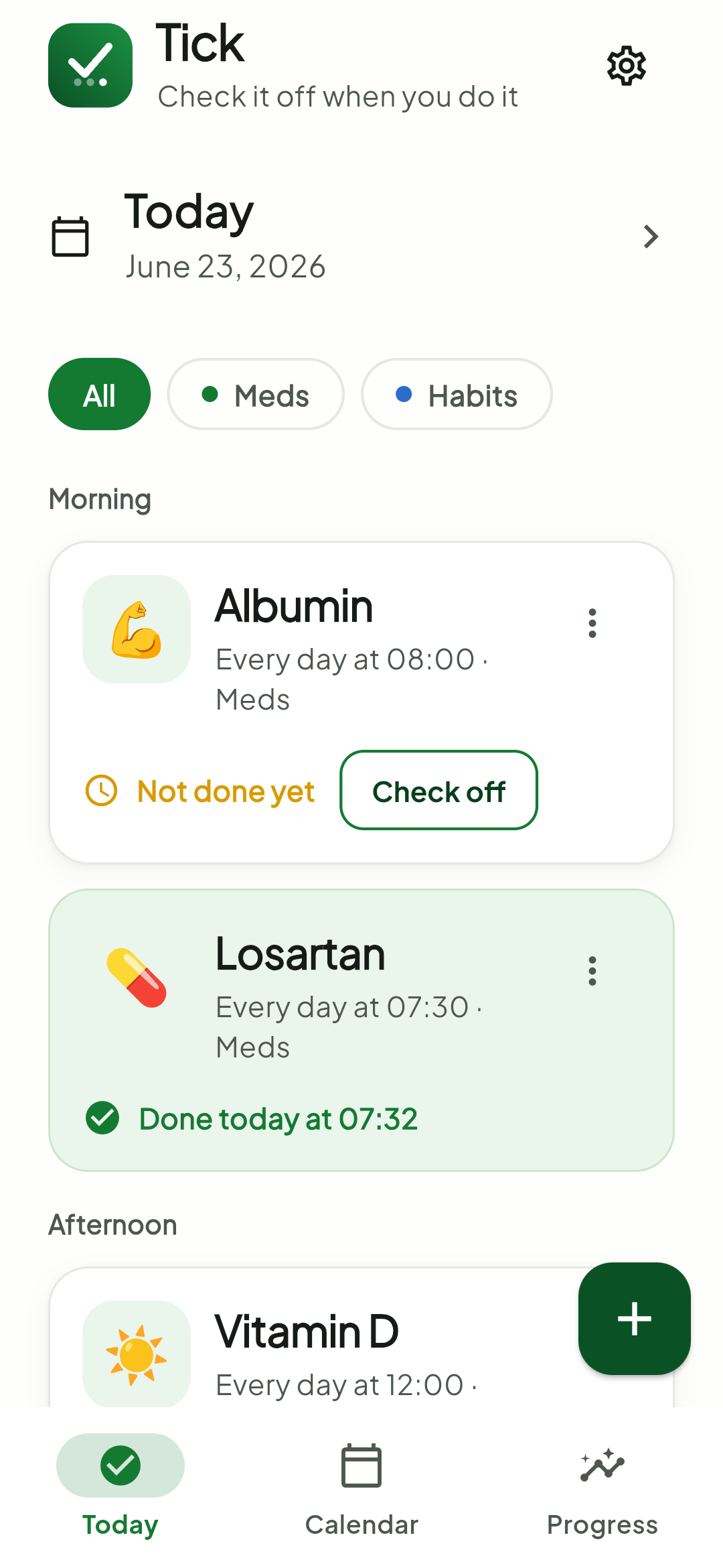 Tick home screen with today's list